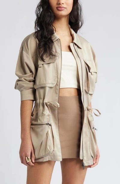 Open Edit Satin Utility Jacket In Tan Oxford