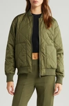 Zella Quilted Side Zip Bomber Jacket In Olive Night