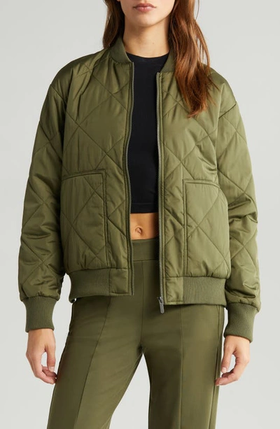 Zella Quilted Side Zip Bomber Jacket In Olive Night