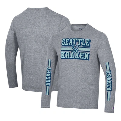 Champion Heather Gray Seattle Kraken Tri-blend Dual-stripe Long Sleeve T-shirt