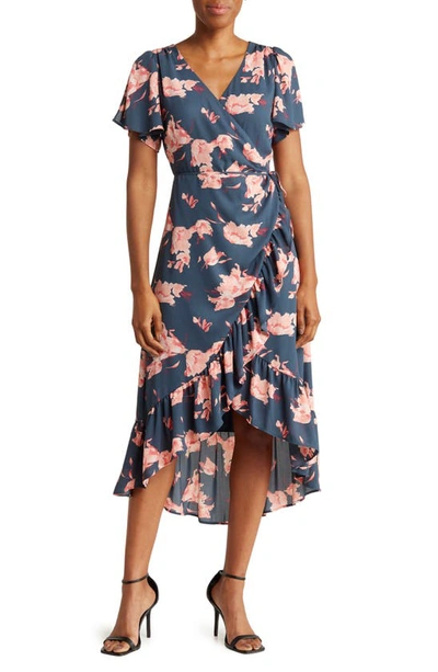 Chelsea28 Flounce Floral Print Chiffon Wrap Dress In Navy M Joss Floral