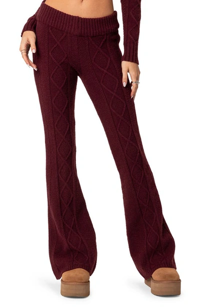 Edikted Ray Cable Stitch Flare Sweater Pants In Burgundy