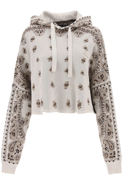 Amiri Knitted Cropped Hoodie With Bandana Motif In Nude