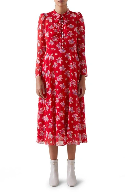 Lk Bennett Keira Floral Print Long Sleeve Silk Midi Dress In Cherry Multi