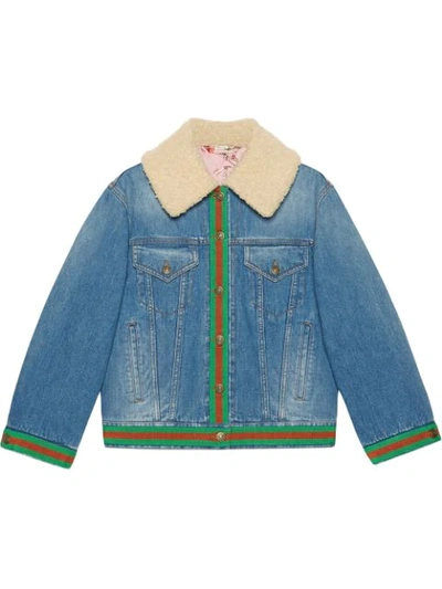 Gucci Contrast Stripe Faux Shearling Collar Denim Jacket In Blue