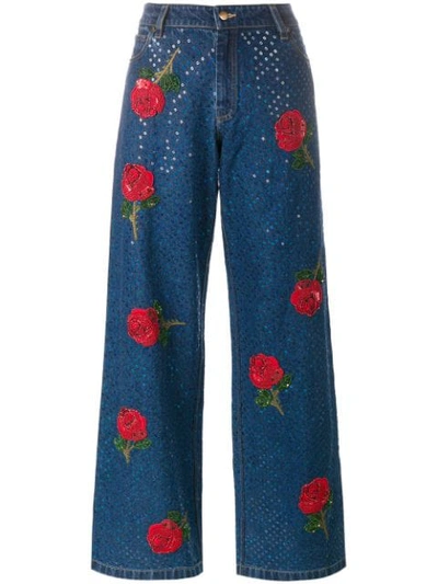 Ashish Rose Embroidered Sequin Jeans In Blue