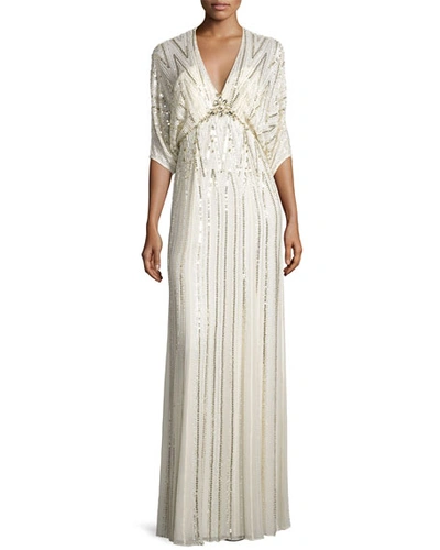 Jenny Packham Sequin-embroidered Batwing Gown, White Metallic