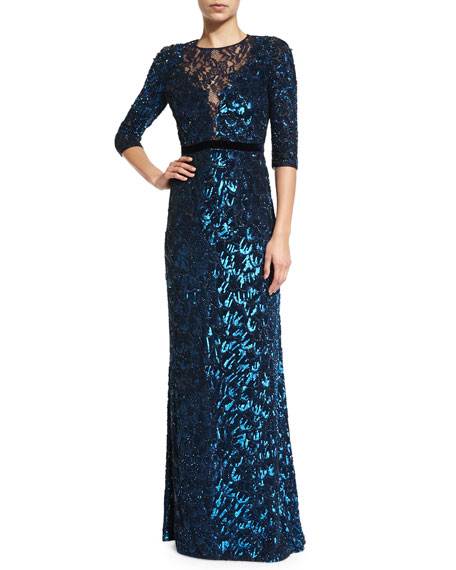 Jenny Packham 3/4-sleeve Sequined Gown, Petrol | ModeSens