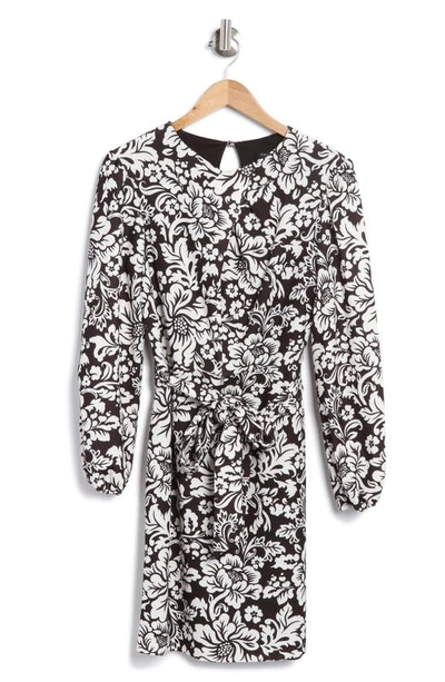 Tahari Asl Floral Front Tie Dress In Black/ White