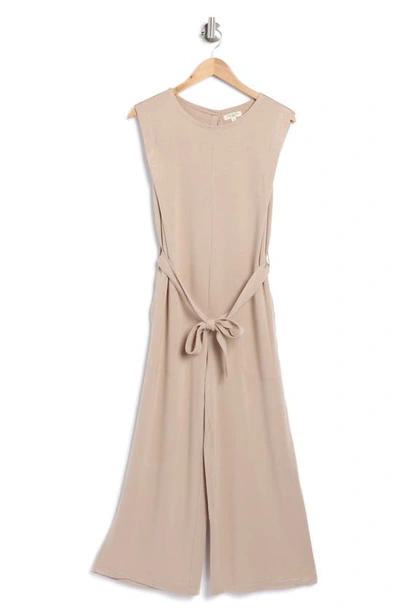 Max Studio French Terry Waist Tie Jumpsuit In Neutral