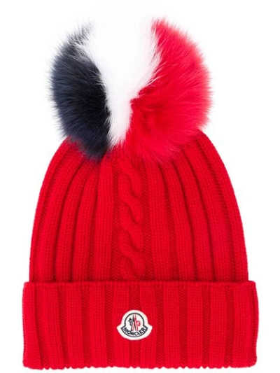 Moncler Pompom Tricolor Beanie In Red