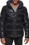 Tommy Hilfiger Quilted Puffer Hooded Mid Length Jacket In Black
