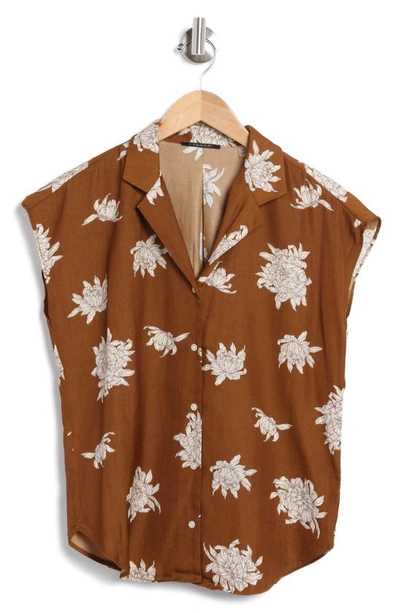 T Tahari Airflow Button-up Camp Shirt In Gold/ White Etched Peony