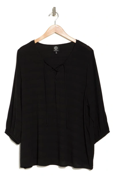 Bobeau Lace-up Long Sleeve Top In Black