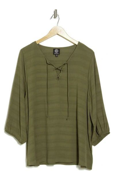 Bobeau Lace-up Long Sleeve Top In Olive
