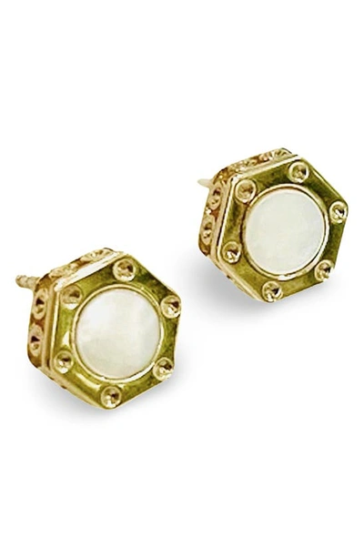 Liza Schwartz Mother-of-pearl Hexagonal Stud Earrings In Gold