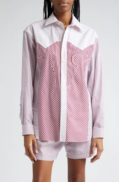 Maison Margiela Décortiqué Stripe Cotton Button-up Shirt In Burgundy Stripe