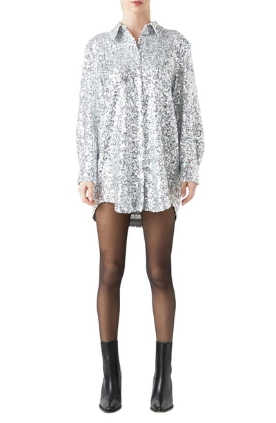 Grey Lab Sequin Long Sleeve Mini Shirtdress In Silver