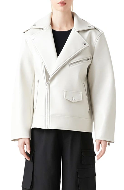 Grey Lab Padded Shoulder Faux Leather Biker Jacket In Beige