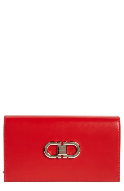 Ferragamo Mini Double Gancio Leather Shoulder Bag In Flame Red