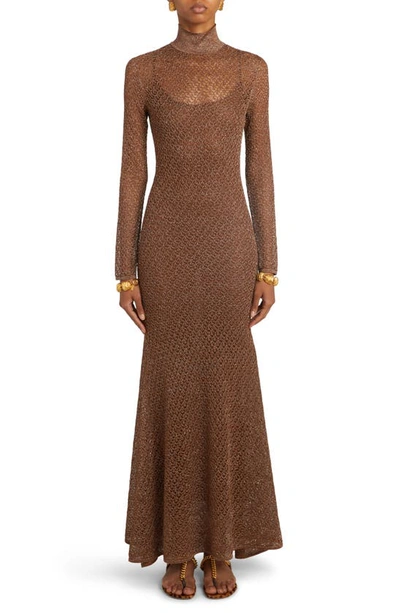 Tom Ford Long Sleeve Metallic Lace Turtleneck Maxi Dress In Brown