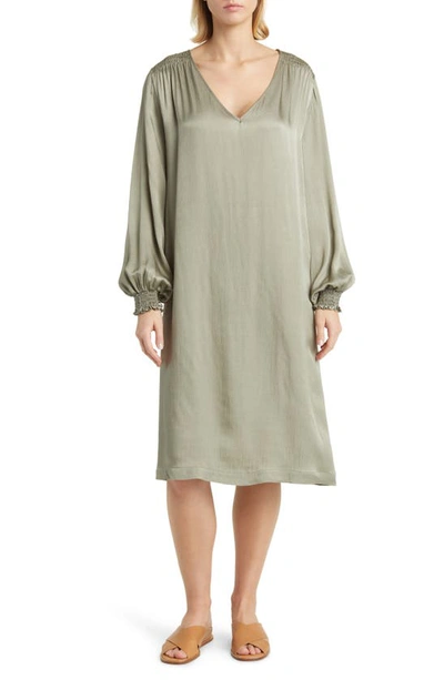 Masai Copenhagen Nadiya Smocked Long Sleeve Satin Shift Dress In Vetiver