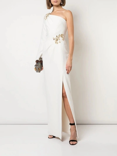 Marchesa One Shoulder Beaded Stretch Crepe Gown In Ivory