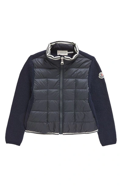 Moncler Kids' Padded Wool Zip-up Cardigan In Blue