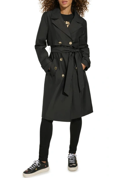 Karl Lagerfeld Double Breasted Water Repellent Trench Coat In Black