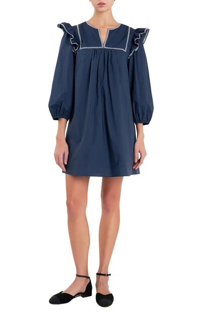 English Factory Embroidered Ruffle Cotton Minidress In Navy/ White