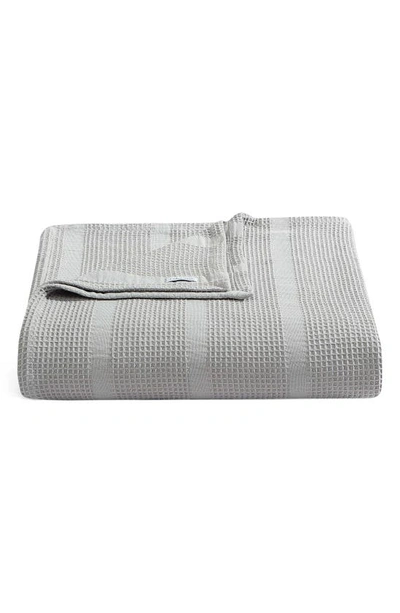 Calvin Klein Waffle Weave Stripe Cotton Blanket In Grey