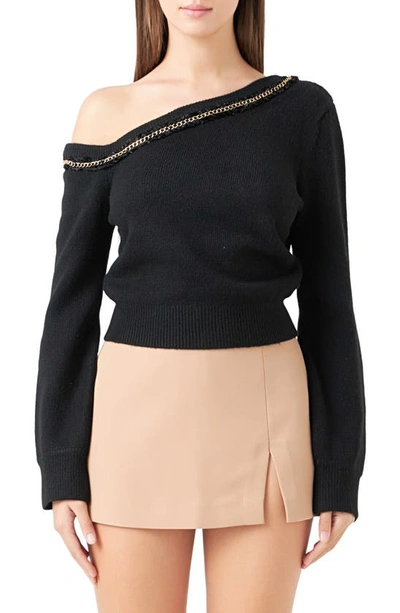 Endless Rose Chain Trim One-shoulder Sweater In Black