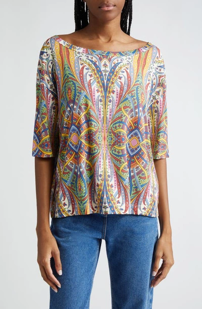 Etro Floral Paisley Short Sleeve Top In Print On White Base