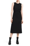 Theory Combo Pleated Wool Suiting Sleeveless Midi Dress In Black