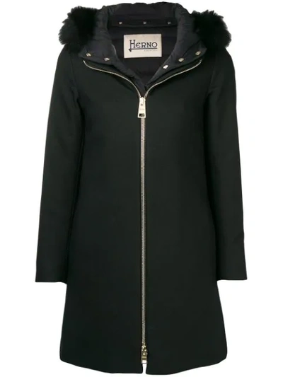 Herno Fur Trim Slim Fit Long Coat In Black