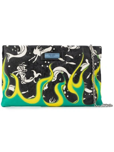 Prada Flames And Dahlia Clutch In Black,yellow,green