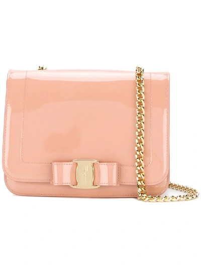 Ferragamo Vara Patent Leather Shoulder Bag In Pink Beige (pink)