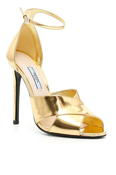 Prada Cross Strap Heeled Sandals In Gold