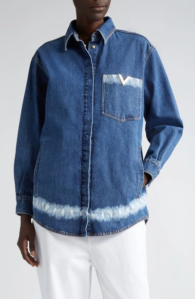 Valentino Logo Detail Bleached Stripe Denim Shirt Jacket In Medium Blue Denim