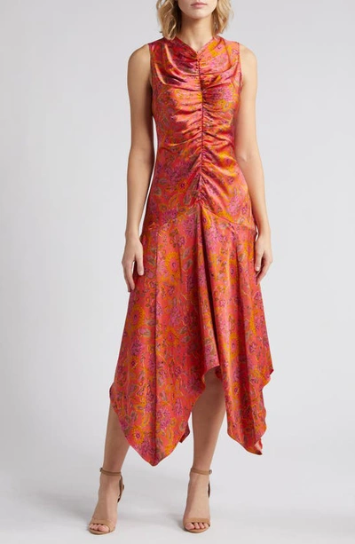 Melloday Floral Print Ruched Satin Midi Dress In Fuchsia Multi