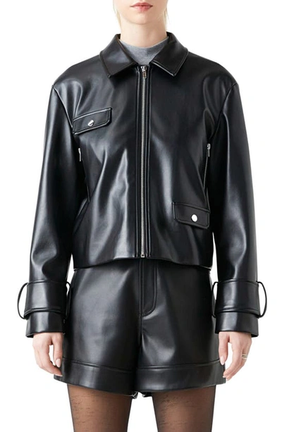 Grey Lab Faux Leather Zip Crop Jacket In Black