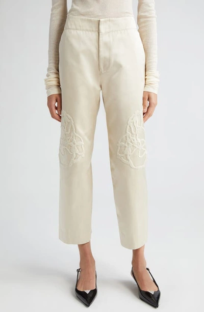Bite Studios Cheval Floral Embroidered Crop Satin Straight Leg Pants In Cream