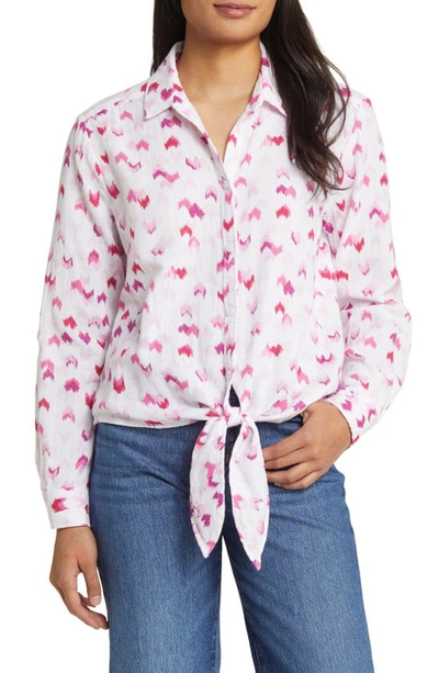 Beachlunchlounge Jordyn Heart Print Cotton Gauze Tie Front Button-up Shirt In Abstract Hearts