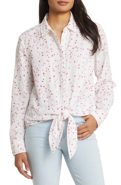 Beachlunchlounge Jordyn Heart Print Cotton Gauze Tie Front Button-up Shirt In Be Mine