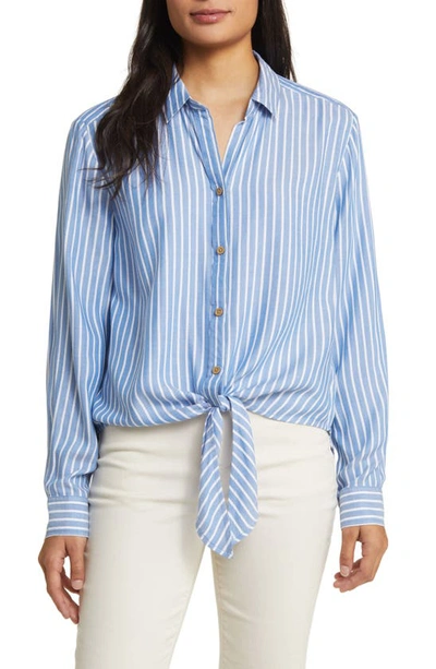 Beachlunchlounge Marlo Stripe Tie Front Button-up Shirt In Pearl Blue