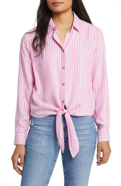 Beachlunchlounge Marlo Stripe Tie Front Button-up Shirt In Cali Pink