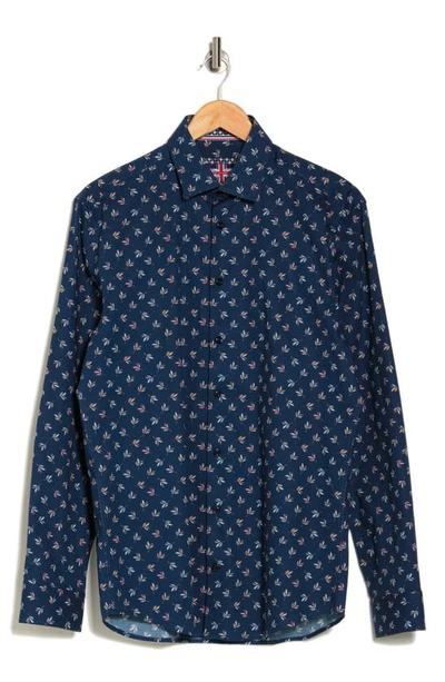 Soul Of London Frond Print Stretch Cotton Button-up Sport Shirt In Navy
