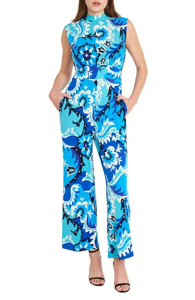 Donna Morgan For Maggy Floral Sleeveless Jumpsuit In Cream/ Blue
