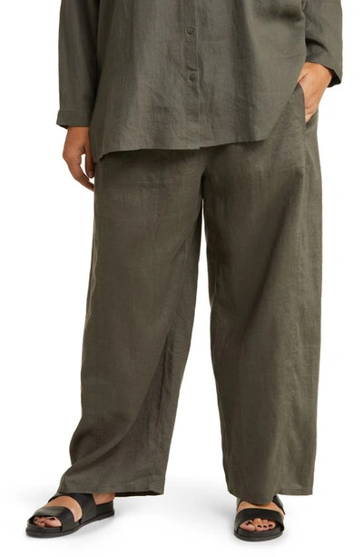 Eileen Fisher Wide Leg Organic Linen Ankle Pants In Grove