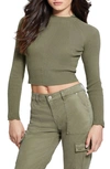 Guess Marie Open Back Rib Mock Neck Top In Lichen Leaf Green